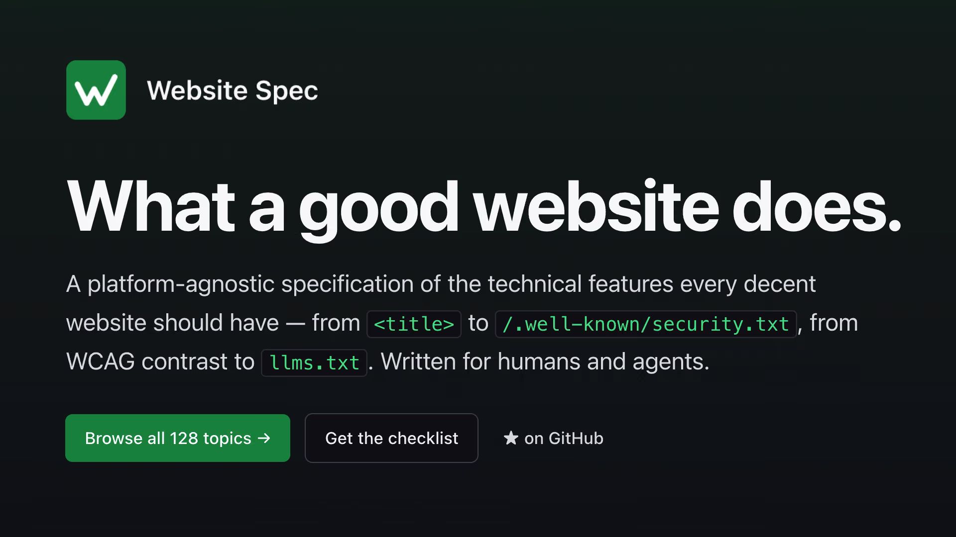 Website Spec logo, headline “What a good website does” and subtitle “A platform-agnostic specification of the technical features every decent website should have”.